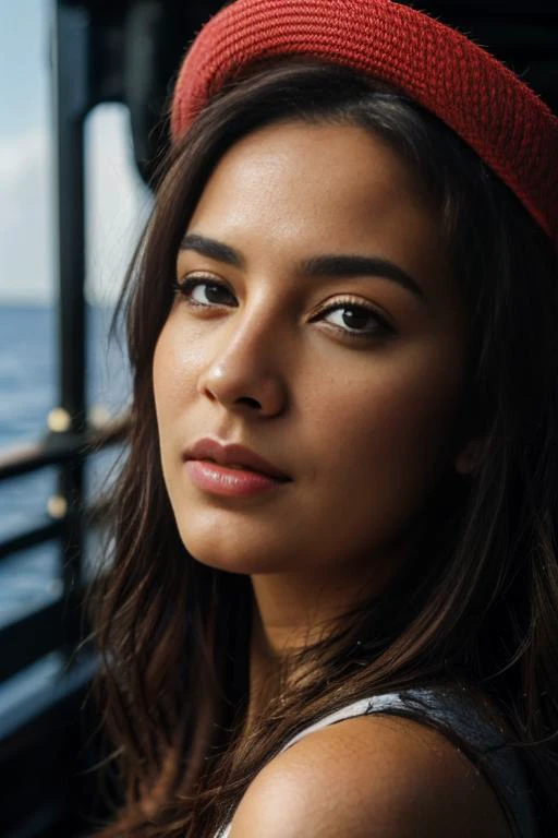 (full shot, full body), <lora:difConsistency_photo:0.6> 1girl, Arab woman, portrait, solo, (full body:0.7), looking down, detailed background, detailed face, (high fantasy medieval theme:1.1), ship captain, serious, red captain uniform, tricorn hat, navy insignia, on deck of ship, ship's bell, nautical tools, ocean waves in background, dramatic lighting, strategy, epic atmosphere, BREAK ((photorealistic), realistic face, medium breasts), beautifully detailed woman, detailed mouth, extremely detailed eyes_and_face, beautiful attractive face, beautiful detailed eyes, pronounced feminine feature, skin pores, eyeliner, perfect body, smooth skin BREAK color HD photo, autochrome, (full body, high quality photo, masterpiece), HDR, 8K resolution, analogue RAW DSLR, best quality, absurdres, vivid colors, intricate detail, (intricately detailed face_and_eyes), realistic hands, sophisticated detail, (realistic lighting, sharp focus), centerfold, bokeh, official art, 8k wallpaper, ultra high res, professional photography, (photorealistic) kkw-ph1