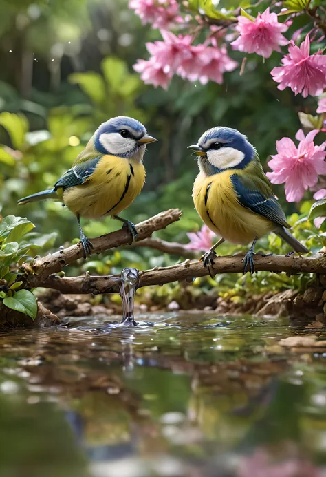 2eurasian blue tit,masterpiece,(intricately-detailed:1.1),ray tracing,subsurface scattering,(flowering garden setting:1.1),(water feature:1.1),(bathing:1.2),landing,splashing,shallow pond,summer,sunbeams,reflection,vibrant,award winning photography,sharp focus,fluffy birds,<lora:JuggerCineXL2:1>,<lora:add_detail:1>,<lora:more_details:1>,<lora:difConsistency_photo:1>,