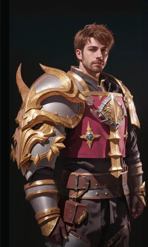 epicpauldrons2024, red armor, epicarmor2024, human, best quality, masterpiece, raw photo, depth of field, looking at viewer, magical, fantasy, 5 fingers, depth of field, magical armor, full body, 1man, knight, asymmetrical armor, dragon pauldron, armored boots