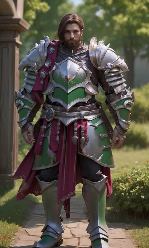 epicpauldrons2024, epicarmor2024, human, best quality, masterpiece, raw photo, depth of field, looking at viewer, magical, fantasy, 5 fingers, depth of field, magical armor, full body, 1man, knight, asymmetrical armor, eagle pauldron, green armor, armored boots