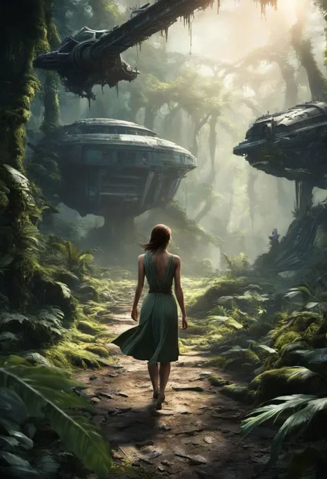 woman walking in the rainforest towards a ruined spaceship, hollow world, shadows of brimstone, matte painting, highly detailed, natural lighting, dynamic angle, fast shutter speed, wide angle lens, 150mm