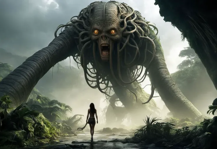 sfw, woman walking in the rain forest towards a highly detailed medusa, hollow world, shadows of brimstone, matte painting, highly detailed, natural lighting, dynamic angle, slow shutter speed, narrow angle lens, 35mm, close shot