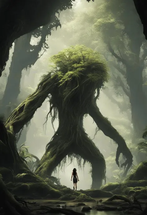 sfw, woman walking in the rain forest towards a highly detailed treant, hollow world, shadows of brimstone, matte painting, highly detailed, natural lighting, dynamic angle, slow shutter speed, narrow angle lens, 35mm, close shot