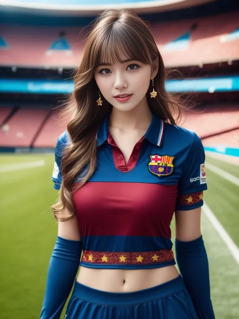 cinematic photo masterpiece, absurdres highres extremely detailed,(RAW photo:1.2), (photorealistic:1.4),(intricate details:1.2),
cinematic effects,wallpaper,Megapixel,highres,Intricate details,ultra detailed,8k,
1girl,
( soccer uniform, soccer shoes:1.2,football shorts,),(Nou Camp Stadium:1.1),kick the ball,running,(colorful soccer uniform),wide angle,(full body:1.2),
earrings,bangs,lips,long hair,perfect skin,gorgeous,pure,beautyfull detailed face and eyes,breasts,girlface,clear sharp focus,open chest,
cowboy shot,looking at viewer,
dynmaic pose, . 35mm photograph, film, bokeh, professional, 4k, highly detailed