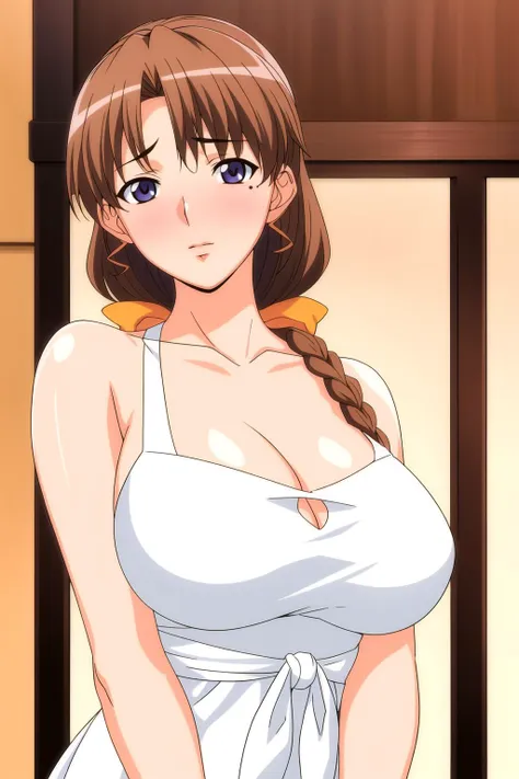 Simple White Background,
apron, collarbone, Yellow shirt,
<lora:Kyouko_Moroboshi_SweetHome-KK77-V1:0.7>,
bangs, Brown Hair, Blue eyes,single braid, Orange hair ribbon,
<lora:Oda_Non_Style-KK77-V2:0.3>,<lora:more_details:0.1>,
1 girl, 20yo,Young female,Beautiful long legs,Beautiful body,
Beautiful Nose,Beautiful character design, perfect eyes, perfect face,expressive eyes,perfect balance,
looking at viewer,(Focus on her face),closed mouth, (innocent_big_eyes:1.0),(Light_Smile:0.3),
official art,extremely detailed CG unity 8k wallpaper, perfect lighting,Colorful, Bright_Front_face_Lighting,White skin,
(masterpiece:1.0),(best_quality:1.0), ultra high res,4K,ultra-detailed,
photography, 8K, HDR, highres, absurdres:1.2, Kodak portra 400, film grain, blurry background, bokeh:1.2, lens flare, (vibrant_color:1.2),professional photograph,
(Beautiful,large_Breasts:1.4), (beautiful_face:1.5),(narrow_waist),