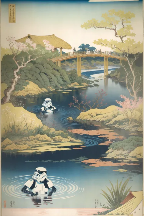 2 stormtroopers swimming in river on a hot summer day, surrounded by tall grass and wildflowers, outdoors, high quality, bright color, <lora:ukiyoe_v2:0.8>, UKIYOE, <lora:add_detail:0.8>, <lora:storm trooper:0.9>