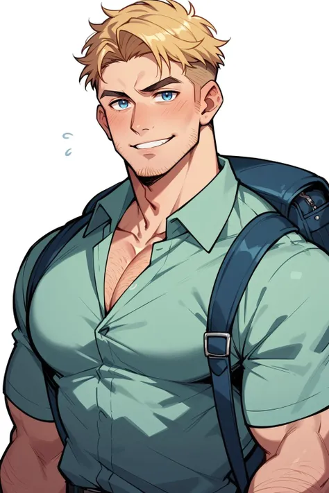 PonyXLV6_Scores , 1boy, backpack, bag, bara, blonde hair, blue eyes, blush, brown shirt, chest hair, collared shirt, facial hair, green shirt, looking at viewer, male focus, mature male, muscular, muscular male, pectoral cleavage, pectorals, shirt, short hair, sideburns, simple background, smile, solo, stubble, upper body, white background, AniPnyXLQual