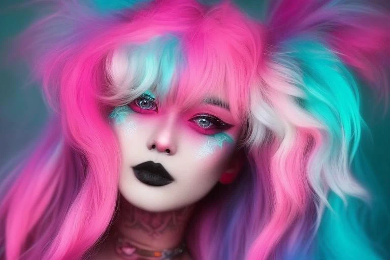mikmikeidsk1, portrait, model card, 1 girl, solo, american, a woman with neon hair, vibrant pink blouse, kawaii pastel elements, anime style makeup,a character portrait, ultra realistic, long hair, incredibly detailed photorealistic, vibrant AGFA, foggy future cinematic, volumetric lighting, rim lighting, mikeidsk1