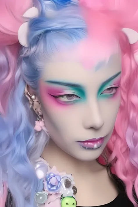 mikmikeidsk1,1 girl, solo, a woman with pink hair and blue eyes wearing a cat ears costume and a blue shirt with white and pink hair, Cosmo Alexander, a pastel, kawaii pastel elements, anime style makeup,a character portrait, ultra realistic, long hair, incredibly detailed photorealistic, vibrant AGFA, cinematic, volumetric lighting, rim lighting, mikeidsk1