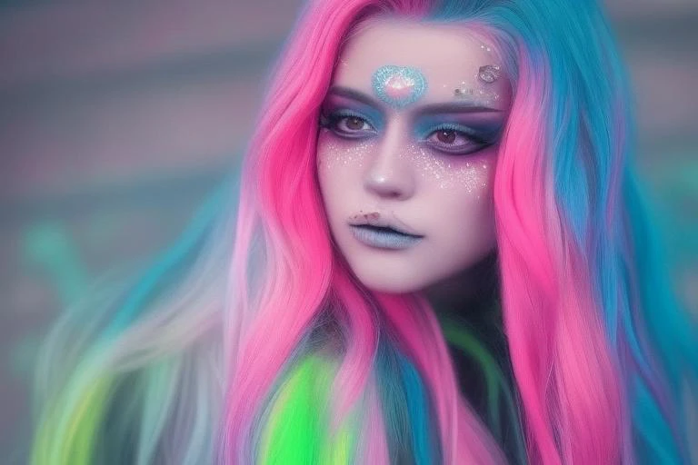 mikmikeidsk1, portrait, model card, 1 girl, solo, american, a woman with neon hair, vibrant pink blouse, kawaii pastel elements, anime style makeup,a character portrait, ultra realistic, long hair, incredibly detailed photorealistic, vibrant AGFA, foggy future cinematic, volumetric lighting, rim lighting, mikeidsk1
