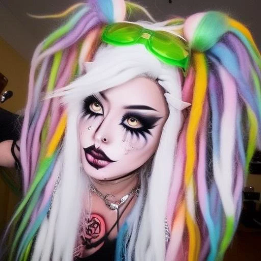 mikmikeidsk1, a woman with white hair wearing a wig with dreadlock cyberfalls, makeup , white goth eye contacts, kawaii elements, neon green cyberpunk goggles on her head, pastel elements, anime style makeup,a character portrait, ultra realistic, long hair, emo aesthetic, incredibly detailed photorealistic, vibrant AGFA, cinematic, volumetric lighting, rim lighting, mikeidsk1