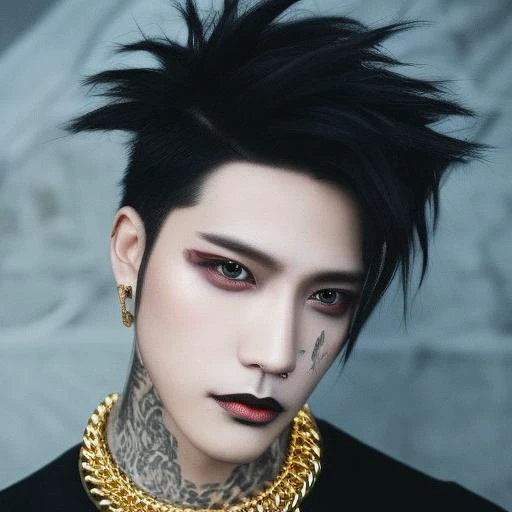 mikmikeidsk1, 1boy, male_focus, american, man with blue pink hair and a black shirt with a gold medallion on his chest, a character portrait, ultra realistic, long hair, emo aesthetic, incredibly detailed photorealistic, vibrant AGFA, cinematic, volumetric lighting, rim lighting, mikeidsk1