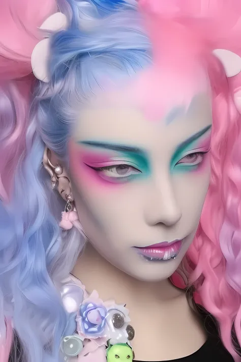 mikmikeidsk1,1 girl, solo, a woman with pink hair and blue eyes wearing a cat ears costume and a blue shirt with white and pink hair, Cosmo Alexander, a pastel, kawaii pastel elements, anime style makeup,a character portrait, ultra realistic, long hair, incredibly detailed photorealistic, vibrant AGFA, cinematic, volumetric lighting, rim lighting, mikeidsk1
