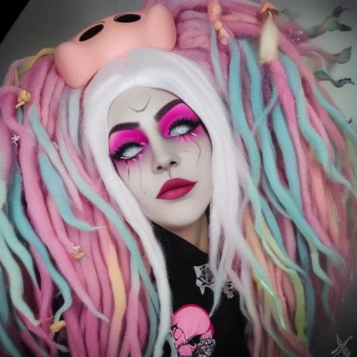 mikmikeidsk1, a woman with white hair wearing a wig with dreadlock cyberfalls, makeup , green eyes , cyberpunk goggles on her head, pastel elements, anime girl,a character portrait, ultra realistic, long hair, emo aesthetic, incredibly detailed photorealistic, vibrant AGFA, cinematic, volumetric lighting, rim lighting, mikeidsk1