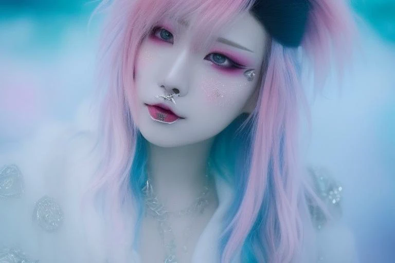 mikmikeidsk1, portrait, model card, 1 girl, solo, a woman with pink hair and blue eyes, blue shirt with white and pink hair, pastel, kawaii pastel elements, anime style makeup,a character portrait, ultra realistic, long hair, incredibly detailed photorealistic, vibrant AGFA, foggy future cinematic, volumetric lighting, rim lighting, mikeidsk1