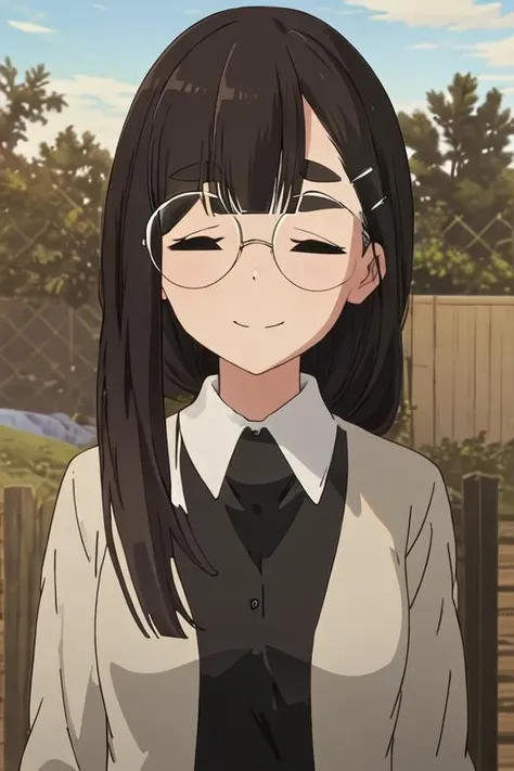 best quality, masterpiece, highres, solo, {toba_minami_yurucamp:1.15}, long_hair, bangs, closed_eyes, glasses, thick_eyebrows, black_hair, brown_hair, smile, closed_mouth, 1girl, fence, hair_ornament, hairclip, outdoors, shirt, tree, collared_shirt, white_shirt, upper_body, cardigan, sweatdrop
