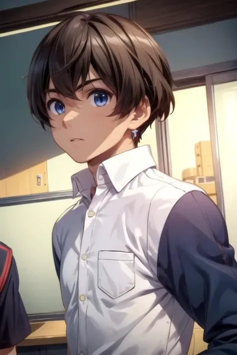 masterpiece, best quality, game cg, 1boy, solo, male focus, looking at viewer, upper body, depth of field, , , <lora:makoto_isshiki:0.68>, makoto_isshiki, brown hair, blue eyes, , , , HD