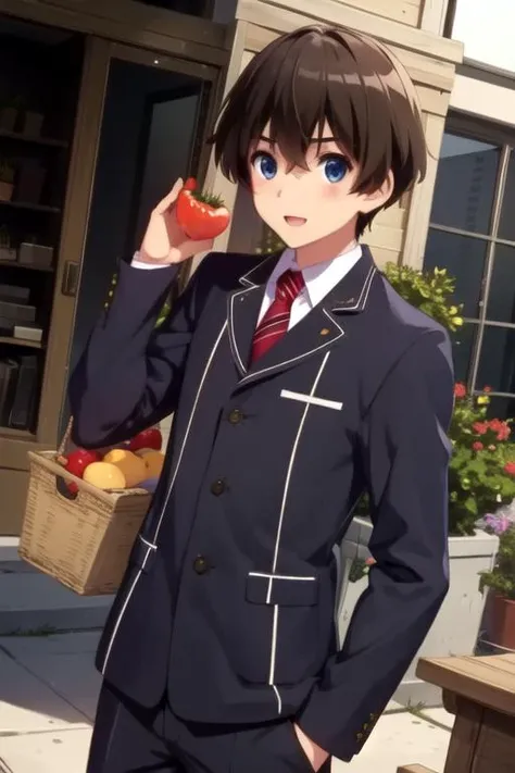 masterpiece, best quality, game cg, 1boy, solo, male focus, looking at viewer, , , , , <lora:makoto_isshiki:0.68>, makoto_isshiki, brown hair, blue eyes, fruits costume, The City of Glas, 12k resolution