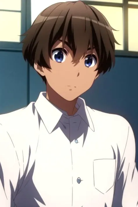 masterpiece, best quality, movie still, 1boy, solo, male focus, looking at viewer, upper body, , , , <lora:makoto_isshiki:0.82>, makoto_isshiki, brown hair, blue eyes