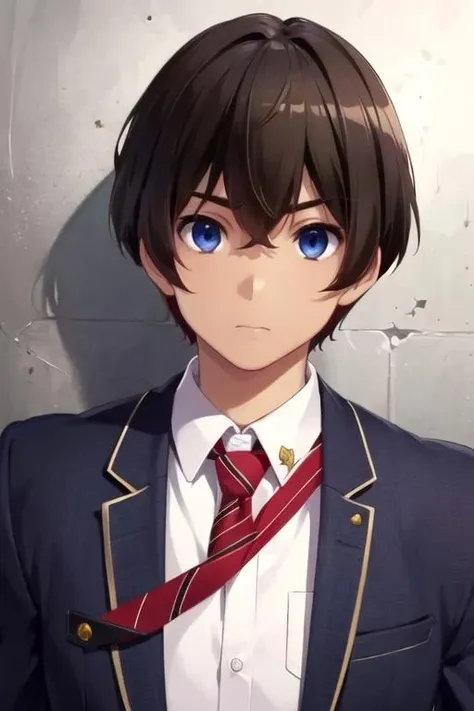 masterpiece, best quality, wallpaper, 1boy, solo, male focus, looking at viewer, upper body, , ligne claire, realistic, <lora:makoto_isshiki:0.72>, makoto_isshiki, brown hair, blue eyes, zombie costume, atompunk, High resolution