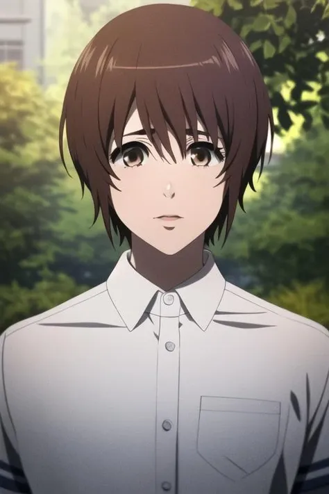 masterpiece, best quality, high quality, 1boy, solo, male focus, looking at viewer, upper body, <lora:mochizuki_yuuya:0.84>, mochizuki_yuuya, brown hair, brown eyes, bangs, school uniform, white shirt, <lora:Realism-10:0.30>, Realism