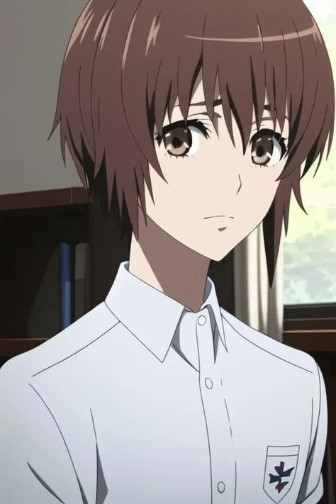 masterpiece, best quality, high quality, 1boy, solo, male focus, looking at viewer, upper body, <lora:mochizuki_yuuya:0.84>, mochizuki_yuuya, brown hair, brown eyes, bangs, school uniform, white shirt, <lora:animemix_v3_offset:0.80>