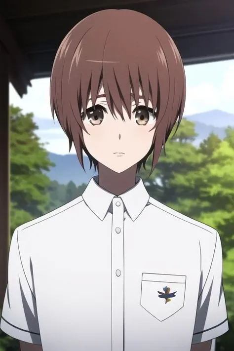 masterpiece, best quality, high quality, 1boy, solo, male focus, looking at viewer, upper body, <lora:mochizuki_yuuya:0.74>, mochizuki_yuuya, brown hair, brown eyes, bangs, , white shirt,