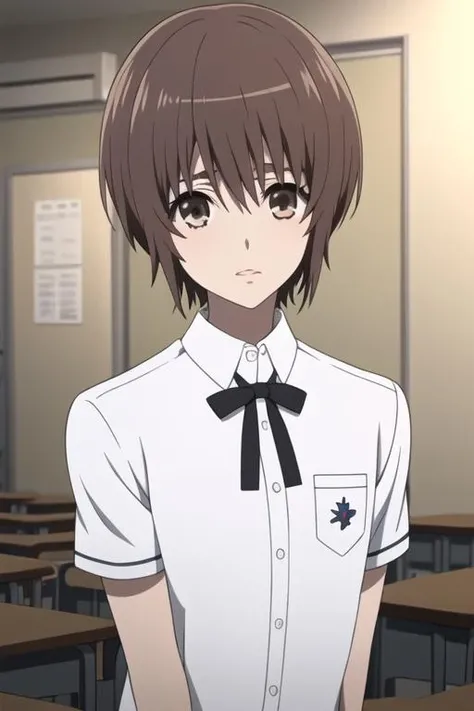 masterpiece, best quality, high quality, 1boy, solo, male focus, looking at viewer, upper body, <lora:mochizuki_yuuya:0.72>, mochizuki_yuuya, brown hair, brown eyes, bangs, school uniform, white shirt,