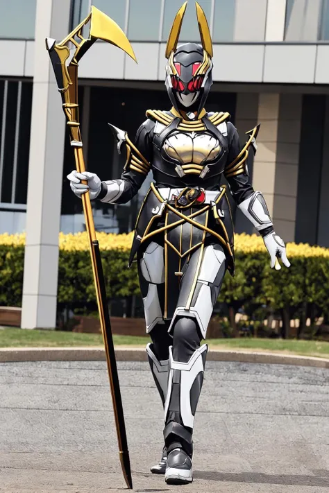 (((masterpiece,best quality))),fighting jackal raider, (1girl,solo,mature woman,breasts,narrow waist,wide hips),full body, kamen rider, red eyes,holding a golden scythe, polearm,armor, jackal ears, helmet,gloves,tokusatsu, breastplate, belt, pelvic curtain <lora:fighting_jackal_raider-09:0.8>