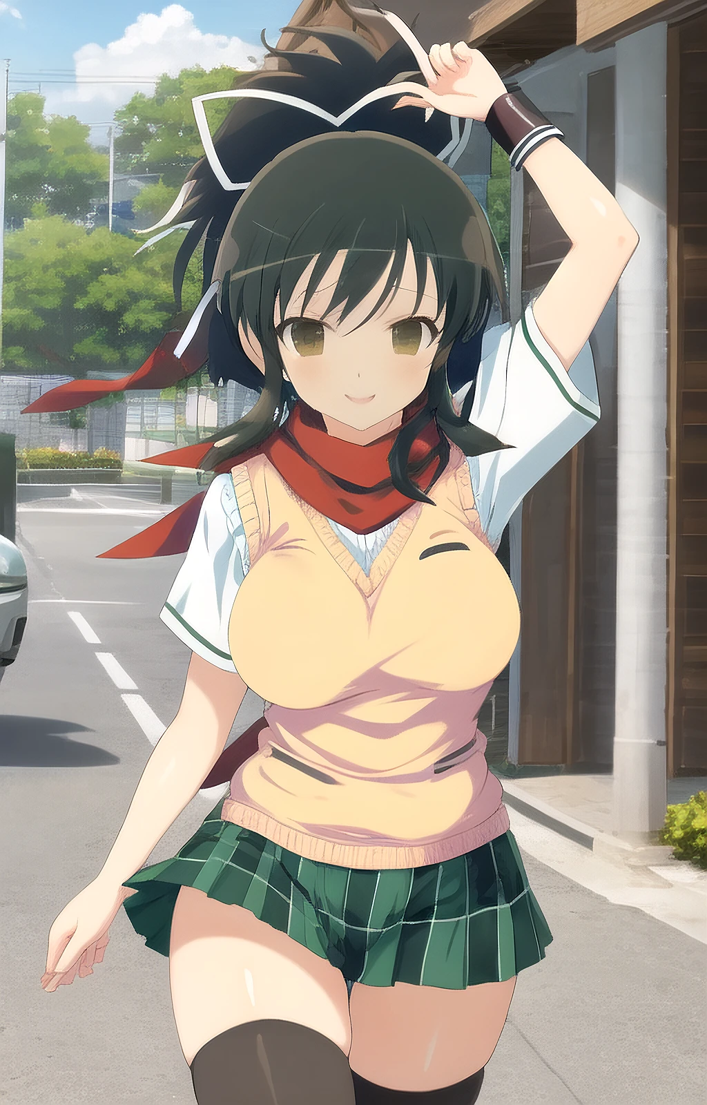 masterpiece, best quality,
asuka_sk, asuka_kunoichi_uniform, 1girl, short hair, ponytail, large breasts, wide hips, red scarf, hair ribbon, white ribbon, arm guards, light brown sweater vest, pleated skirt, green short skirt, black thighhighs, closed mouth, smile, happy, cowboy shot, front view, wooden wall, ultra-detailed, anime, senran kagura, 8k <lora:Asuka_SK_1_1-10:1>