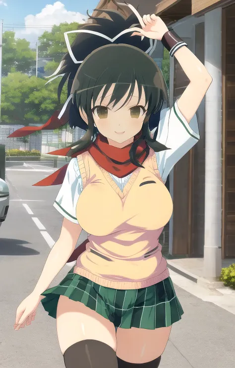 masterpiece, best quality,
asuka_sk, asuka_kunoichi_uniform, 1girl, short hair, ponytail, large breasts, wide hips, red scarf, hair ribbon, white ribbon, arm guards, light brown sweater vest, pleated skirt, green short skirt, black thighhighs, closed mouth, smile, happy, cowboy shot, front view, wooden wall, ultra-detailed, anime, senran kagura, 8k <lora:Asuka_SK_1_1-10:1>