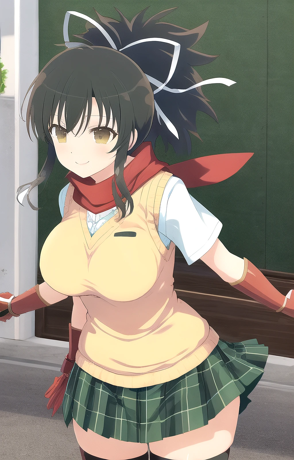 masterpiece, best quality,
asuka_sk, asuka_kunoichi_uniform, 1girl, short hair, ponytail, large breasts, wide hips, red scarf, hair ribbon, white ribbon, arm guards, light brown sweater vest, pleated skirt, green short skirt, black thighhighs, closed mouth, smile, happy, cowboy shot, front view, wooden wall, ultra-detailed, anime, senran kagura, 8k <lora:Asuka_SK-08:0.8>