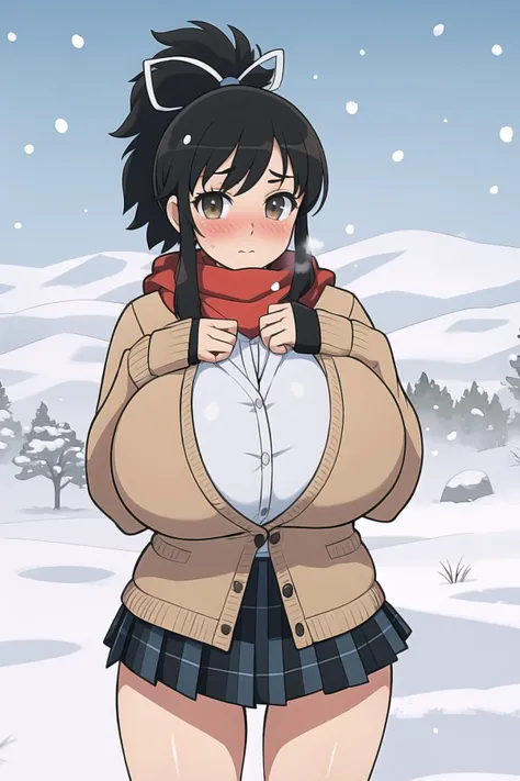 masterpiece, best quality, highres, (1girl, solo), , asuka_sk, grey cardigan, open clothes, pleated skirt, standing in field, winter, snow ((blush, smitten)), gigantic breasts, looking at viewer,<lora:EMS-77960-EMS:0.800000>,<lora:EMS-12934-EMS:0.800000>