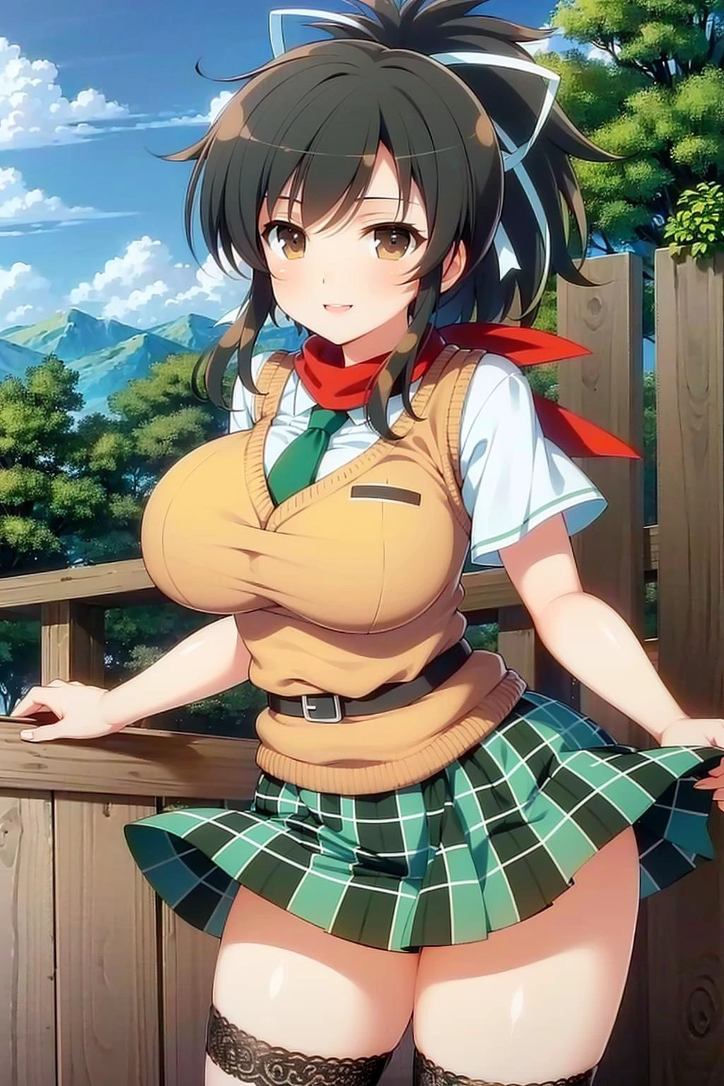 (masterpiece),(very high resolution), (best quality),(extremely detailed),(illustration), dynamic angle,
1girl,
asuka_sk, short hair, ponytail, large breasts, wide hips, hair ribbon, white ribbon, senran kagura, <lora:Asuka_SK:0.8>
BREAK
smile, school uniform,
outdoor school background
posing for a photo