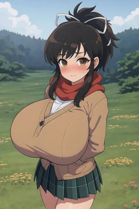 masterpiece, best quality, highres, (1girl, solo), , asuka_sk, brown cardigan, pleated skirt, standing in field, winter, ((blush, smitten)), gigantic breasts, looking at viewer,<lora:EMS-77960-EMS:0.800000>,<lora:EMS-12934-EMS:0.800000>