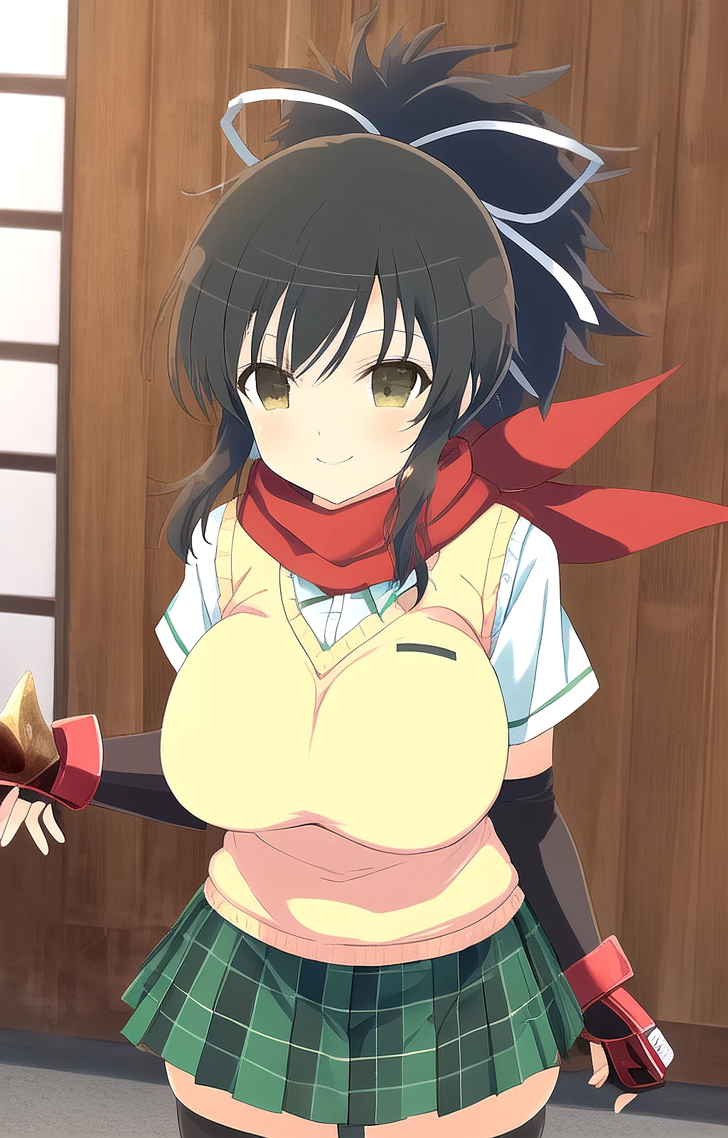 masterpiece, best quality,
asuka_sk, asuka_kunoichi_uniform, 1girl, short hair, ponytail, large breasts, wide hips, red scarf, hair ribbon, white ribbon, gauntlets, light brown sweater vest, pleated skirt, green short skirt, black thighhighs, closed mouth, smile, happy, cowboy shot, front view, wooden wall, ultra-detailed, anime, senran kagura, 8k <lora:Asuka_SK-08:1>