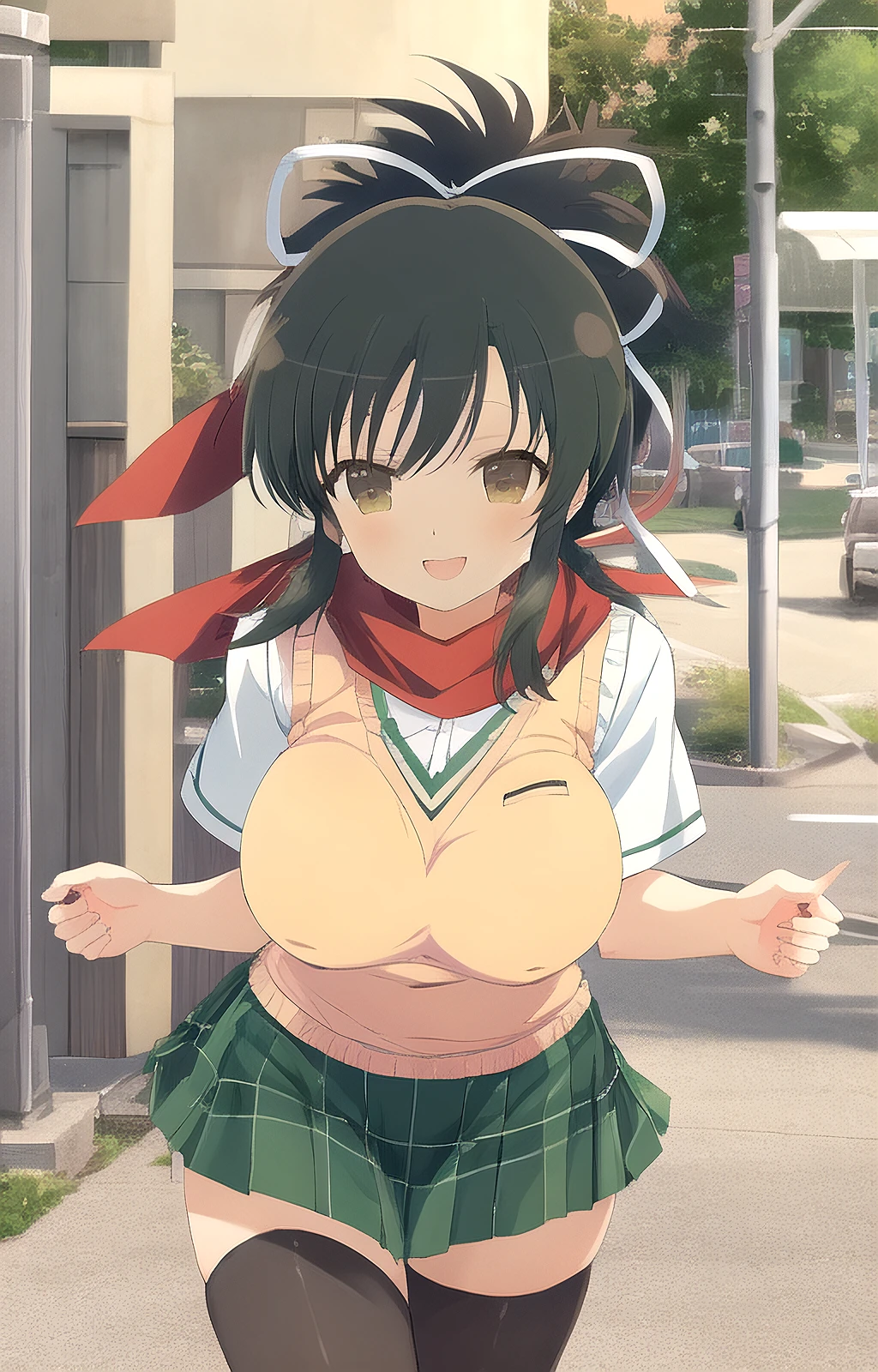 masterpiece, best quality,
asuka_sk, asuka_kunoichi_uniform, 1girl, short hair, ponytail, large breasts, wide hips, red scarf, hair ribbon, white ribbon, arm guards, light brown sweater vest, pleated skirt, green short skirt, black thighhighs, closed mouth, smile, happy, cowboy shot, front view, wooden wall, ultra-detailed, anime, senran kagura, 8k <lora:Asuka_SK_1_1-08:0.9:ALL>