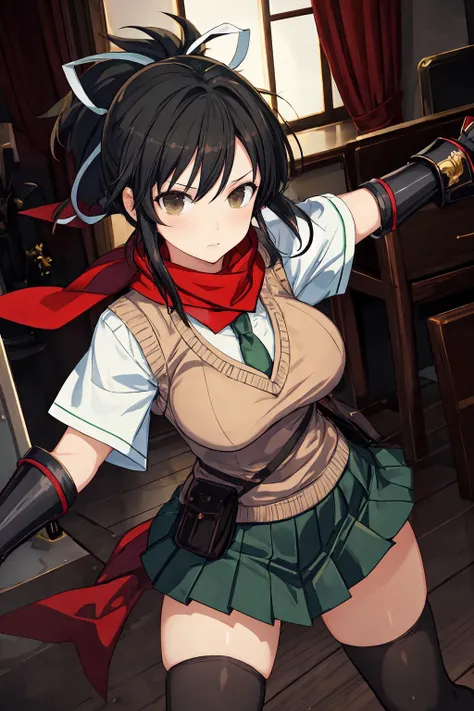 portrait, closeup, one girl, asuka_sk, asuka_kunoichi_uniform, large breasts, wide hips, gauntlets, light brown sweater vest, pleated skirt, green short skirt, black thighhighs, short red scarf, (combat stance:1.2)
<lyco:Asuka_SK_1_1-10:0.7>
<lyco:GoodHands-beta2:0.7>
<lora:add_detail:0.7>