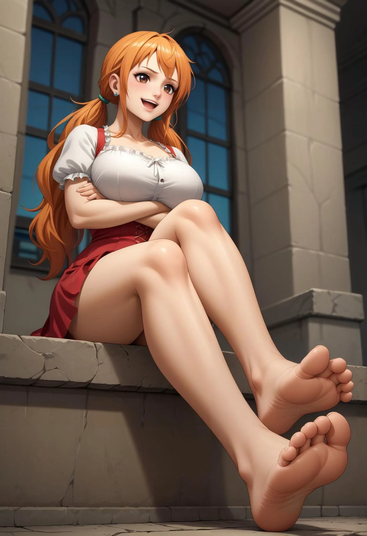 zPDXL2,score_9,score_8_up,score_7_up,score_6_up,score_5_up,score_4_up,
HUGE BREASTS,floating hair,
embarrassed,open mouth,smile,
<lora:NamiWCIPdxlDwnsty:0.6>,
(namidef),brown eyes,orange hair,twintails,long hair,
jewelry,earrings,
collarbone,puffy short sleeves,red skirt,short dress,frills,(panty),
<lora:Psycho_FeetPov2:0.2>,
SHOWING SOLES,feet,barefoot,soles,toes,toenails,
(arms_crossed),pantyshot,crossed_legs,sitting,foot focus,from below,low angle,
outdoors,
<lora:sao_alicization_style_pony:1>,
<lora:better_scenery_pony:1>,
<lora:intricate_details:0.3>,INTRICATE_DETAILS_XL,
<lora:sdxl_lightning_4step_lora:1>,