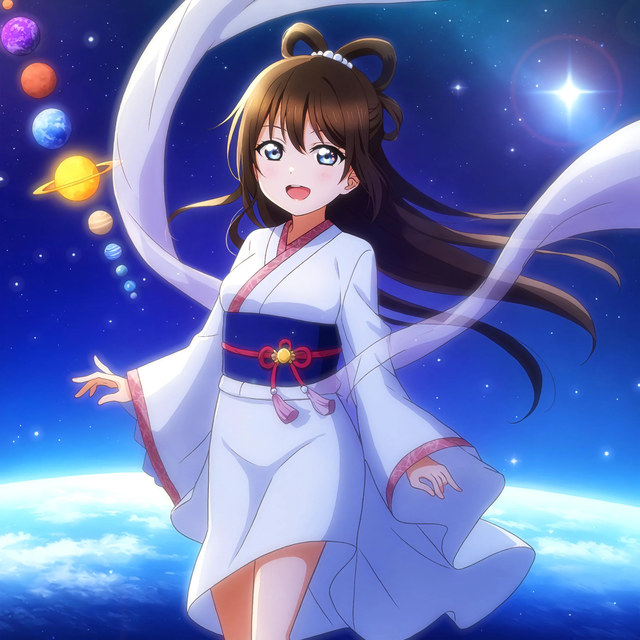 <lora:Koto-Umi-Riko-Shizu-Setsu-LLAS-LyCORIS-AnimagineXLV31-V10:0.85> <lora:add-detail-xl:1.5> <lora:detailed_notrigger:1> <lora:hand 4:0.3:lbw=MIDD26> <lora:better_scenery:0.4>
<lora:orihime_XL_v1:0.8:lbw=MIDD26:stop=28>
(masterpiece, absurdres, very aesthetic:1.4), best quality, newest, intricate details, perfect anatomy, perfect lighting, (depth of field, blurry background:1.3) BREAK
1girl, looking at viewer, (cowboy shot) BREAK
(shizuku-llas:1.3) BREAK
big pupils, detailed eyes, large breasts, lips, :d, upper teeth only BREAK
(orihime:1.3), (hair rings), hair ornament, shawl, japanese clothes, hagoromo, long sleeves, wide sleeves, sash, white kimono BREAK
(sunbeam, light particles, sparkle, lens flare, beautiful detailed scenery:1.3) BREAK
(starry sky, milky way, aura:1.3), black background BREAK
(solar system, planet, mercury, mars, earth \(planet\), jupiter \(planet\), saturn \(planet\):1.2)