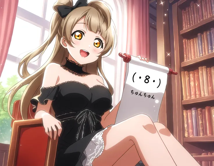 <lora:Koto-Umi-Riko-Shizu-Setsu-LLAS-LyCORIS-AnimagineXLV31-V10:0.85> <lora:add-detail-xl:1.5> <lora:detailed_notrigger:1> <lora:better_scenery:0.4> <lora:hand 4:0.3:lbw=MIDD26> <lora:Opened_Scroll:1:lbw=MIDD26:stop=28>
(masterpiece, absurdres, very aesthetic:1.4), best quality, newest, intricate details, perfect anatomy, perfect lighting, (depth of field, blurry background:1.3) BREAK
1girl, looking at viewer, (cowboy shot), from side BREAK
(kotori-llas:1.3) BREAK
big pupils, detailed eyes, large breasts, lips, :d, upper teeth only BREAK
black dress, off shoulder, cleavage, collarbone, bare shoulders, (sitting on chair:1.3) BREAK
(sunbeam, light particles, sparkle, lens flare, beautiful detailed scenery:1.3) BREAK
(scroll, holding scroll:1.3), library, book, bookshelf, window, indoors