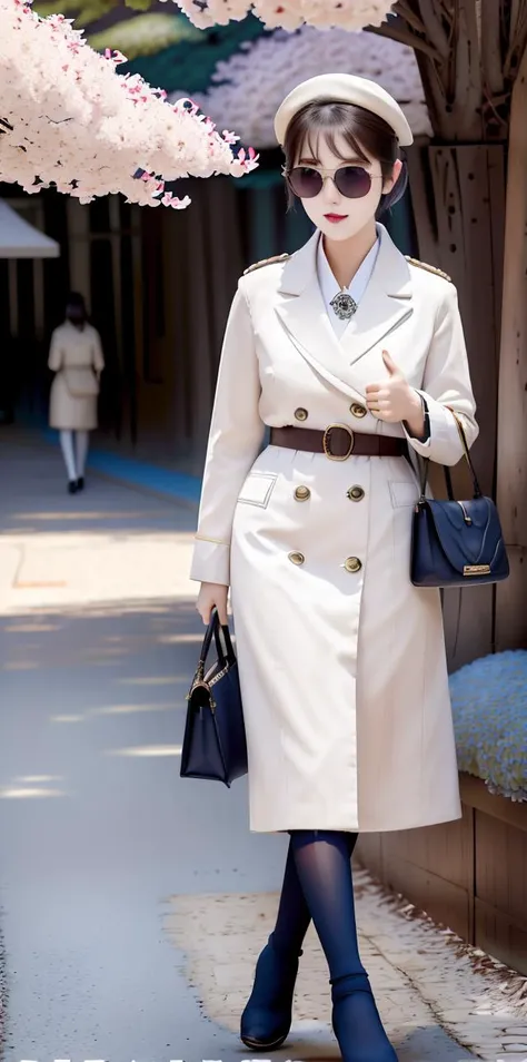 masterpiece,highres, highest quality,intricate detail,best texture,realistic,8k,soft light,perfect shadow,
sunny,modern city,crowding street,stores,shopping,flower garden,falling cherry blossoms,
from everywhere,dajie<lora:Threesister-dajie:1>,mature female,Beret,short hair,white coat,leather skirt,tights,high boots,gold necklace,famous watch, cigar,sunglasses,thumb up,rifle,walking,