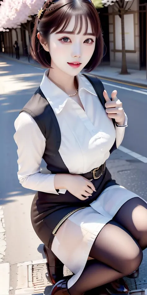 masterpiece,highres, highest quality,intricate detail,best texture,realistic,8k,soft light,perfect shadow,
sunny,modern city,crowding street,stores,shopping,falling cherry blossoms,
from everywhere,dajie<lora:Threesister-dajie:1>,mature female,Beret,short hair,white coat,leather skirt,tights,high boots,gold necklace,famous watch, cigar,sunglasses,thumb up,rifle,walking,