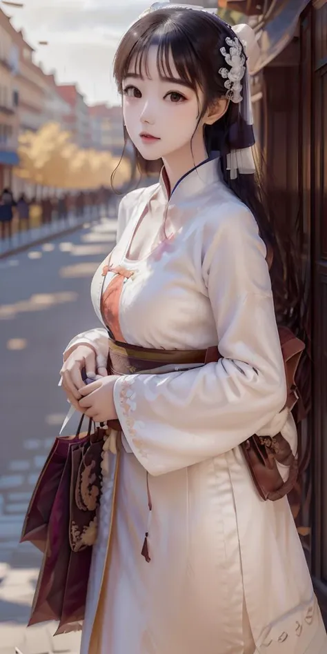 masterpiece,highres, highest quality,intricate detail,best texture,realistic,8k,soft light,perfect shadow, sunny,modern city,crowding street,stores,shopping,falling leaf, portrait,erjie,1girl,hanfu,walking,Luxury, street shot,