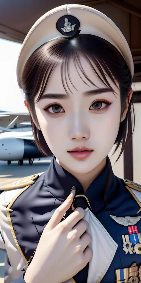 masterpiece,highres, highest quality,intricate detail,best texture,realistic,8k,soft light,perfect shadow, 
outdoor,sunny,airport,Fighter aircraft,fighter fleet,warehouse,
portrait,upper body,dajie,1girl,short hair,airforceUniform,airforce helmets,famous watch, cigar,sunglasses,thumb up,pistol on the waist,walking,