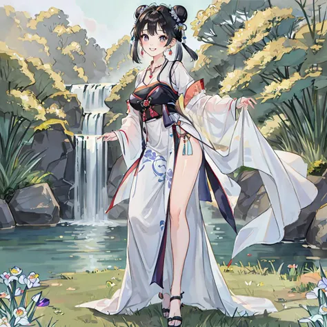 traditional chinese ink painting<lora:Moxin_10:0.25>,flower,butterfly, grass,dawn,near the lake,waterfall, trees, shukezouma<lora:Shukezouma-1.1:0.1>,1girl,erjie<lora:Threesister-erjiev2:0.4>,wearing hanfu <lora:hanfuTang_v32:0.25>, more cloth,breasts,sexy attire, perfect body, jewelry and necklace,[((correct fingers,beautiful hands))], earrings,happy, grin, (blush|cute and playful|adorable|skinny|thick bangs|beauty|twintail|short hair|hair bun,), [(full body,from everywhere,from below)], (ultra high res,photorealistic,realistic,best quality,photo-realistic), (high detailed skin,visible pores),(real person,photograph),realistic,, (8k, raw photo, best quality, masterpiece),photon mapping, radiosity, physically-based rendering,automatic white balance,watery eyes, (looking at viewer),(irises and pupils are rounded,the pupil reflects the surroundings,eyes are not the same size),