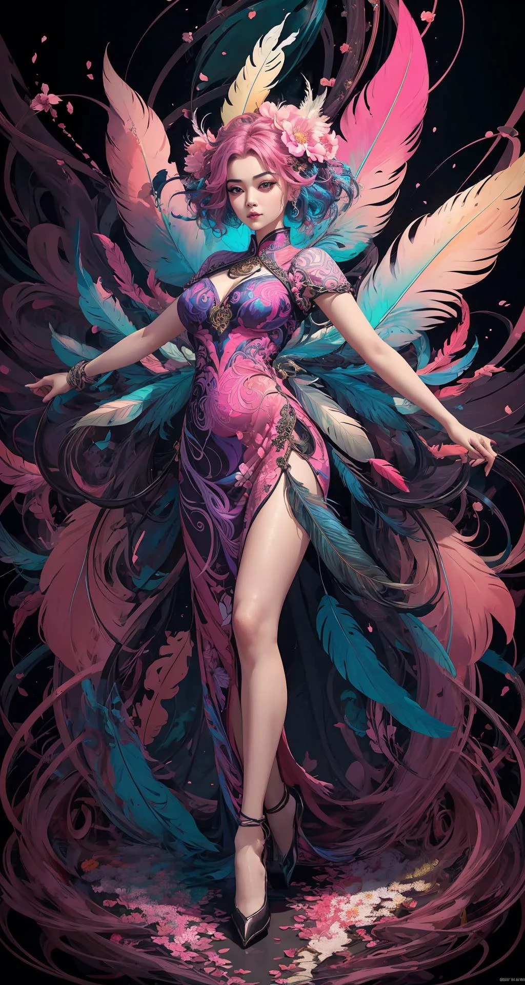 erjie, <lora:Threesister-erjiev2:0.2>,girl in a fluid and dynamic pose, wearing a loose, flowing pink dress, mysterious expression, curly black and pink hair, [Zhang Ziyi|Aishwarya Rai], in a modern and abstract setting, with bold and colorful abstract art, blurred background, bright lighting, official art, unity 8k wallpaper, (zentangle, mandala, tangle, entangle), intricate clothes,zhongfenghua <lora:zhongfenghua:0.2> <lora:oc_v10:0.1><lora:lowra_v10:0.2> <lyco:gpts4 lite dreamwave_278580:0.3>
(full body,from everywhere,masterpiece, top quality, best quality, official art, beautiful and aesthetic:1.2), extremely detailed,(fractal art:1.1),(colorful:1.1)(flowers:1.3),highest detailed,(zentangle:1.2), (dynamic pose), (abstract background:1.3), (shiny skin), (many colors:1.4), (feathers:1.5),  dynamic angle, the most beautiful form of chaos, elegant, a brutalist designed, vivid colours, romanticism,