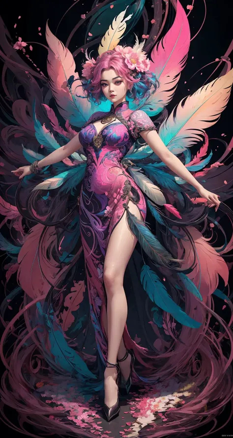 erjie, <lora:Threesister-erjiev2:0.2>,girl in a fluid and dynamic pose, wearing a loose, flowing pink dress, mysterious expression, curly black and pink hair, [Zhang Ziyi|Aishwarya Rai], in a modern and abstract setting, with bold and colorful abstract art, blurred background, bright lighting, official art, unity 8k wallpaper, (zentangle, mandala, tangle, entangle), intricate clothes,zhongfenghua <lora:zhongfenghua:0.2> <lora:oc_v10:0.1><lora:lowra_v10:0.2> <lyco:gpts4 lite dreamwave_278580:0.3>
(full body,from everywhere,masterpiece, top quality, best quality, official art, beautiful and aesthetic:1.2), extremely detailed,(fractal art:1.1),(colorful:1.1)(flowers:1.3),highest detailed,(zentangle:1.2), (dynamic pose), (abstract background:1.3), (shiny skin), (many colors:1.4), (feathers:1.5),  dynamic angle, the most beautiful form of chaos, elegant, a brutalist designed, vivid colours, romanticism,