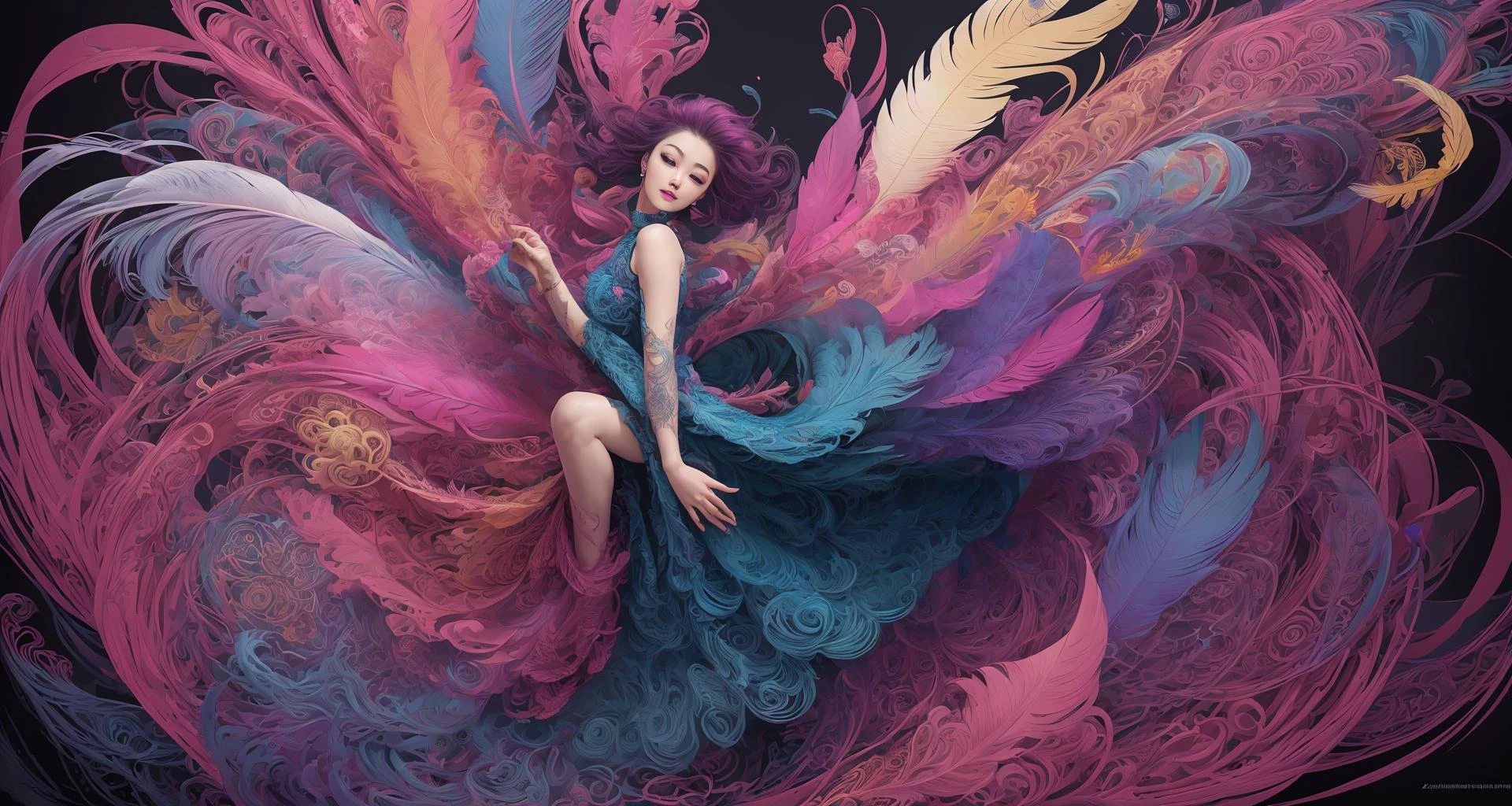 erjie, <lora:Threesister-erjiev2:0.2>,girl in a fluid and dynamic pose, wearing a loose, flowing pink dress, mysterious expression, curly black and pink hair, [Zhang Ziyi|Aishwarya Rai], in a modern and abstract setting, with bold and colorful abstract art, blurred background, bright lighting, official art, unity 8k wallpaper, (zentangle, mandala, tangle, entangle), intricate clothes,zhongfenghua <lora:zhongfenghua:0.2> <lora:oc_v10:0.1><lora:lowra_v10:0.2> <lyco:gpts4 lite dreamwave_278580:0.3>
(full body,from everywhere,masterpiece, top quality, best quality, official art, beautiful and aesthetic:1.2), extremely detailed,(fractal art:1.1),(colorful:1.1)(flowers:1.3),highest detailed,(zentangle:1.2), (dynamic pose), (abstract background:1.3), (shiny skin), (many colors:1.4), (feathers:1.5),  dynamic angle, the most beautiful form of chaos, elegant, a brutalist designed, vivid colours, romanticism,