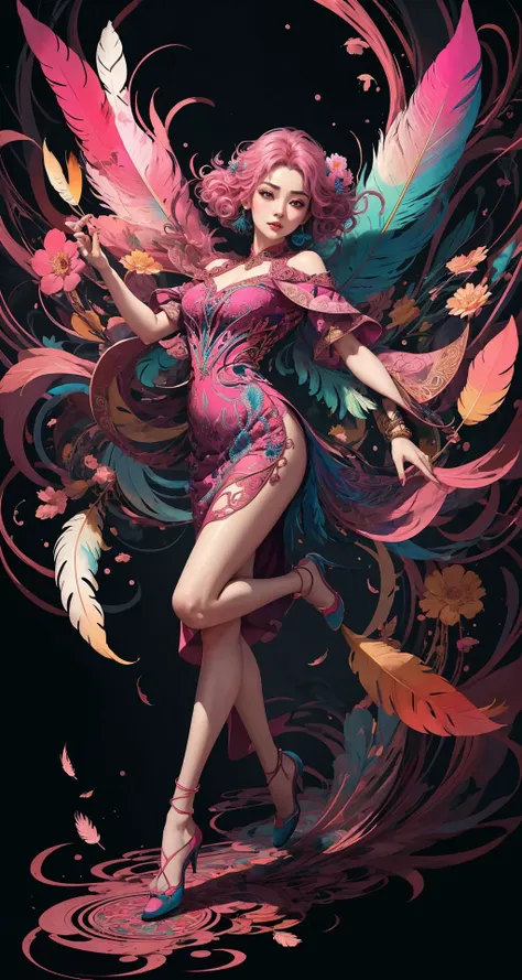 erjie, <lora:Threesister-erjiev2:0.2>,girl in a fluid and dynamic pose, wearing a loose, flowing pink dress, mysterious expression, curly black and pink hair, [Zhang Ziyi|Aishwarya Rai], in a modern and abstract setting, with bold and colorful abstract art, blurred background, bright lighting, official art, unity 8k wallpaper, (zentangle, mandala, tangle, entangle), intricate clothes,zhongfenghua <lora:zhongfenghua:0.2> <lora:oc_v10:0.1><lora:lowra_v10:0.2> <lyco:gpts4 lite dreamwave_278580:0.3>
(full body,from everywhere,masterpiece, top quality, best quality, official art, beautiful and aesthetic:1.2), extremely detailed,(fractal art:1.1),(colorful:1.1)(flowers:1.3),highest detailed,(zentangle:1.2), (dynamic pose), (abstract background:1.3), (shiny skin), (many colors:1.4), (feathers:1.5),  dynamic angle, the most beautiful form of chaos, elegant, a brutalist designed, vivid colours, romanticism,